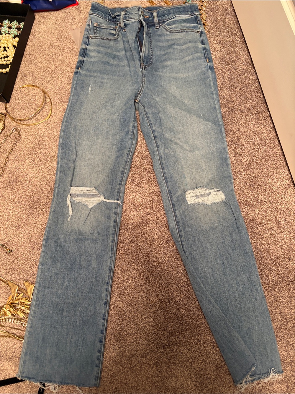 Express Light Blue Distressed Straight-Leg Jeans
